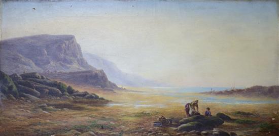 Cyril Stanley, oil on canvas, Seaweed gatherers on a beach, signed and dated 1880, 30 x 61cm, unframed